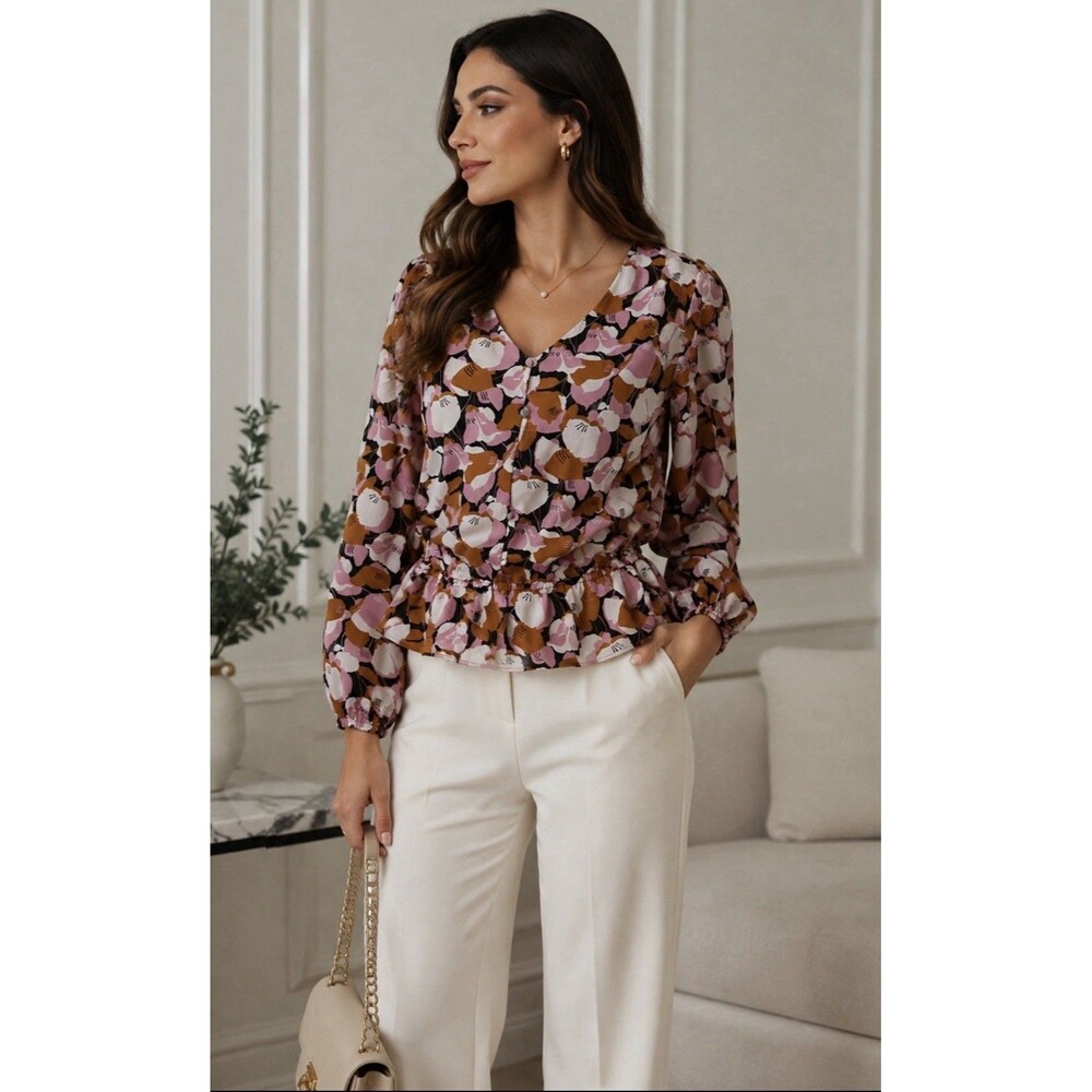 Nine West Size M Long Sleeve Boho Peplum Secretary Floral Blouse V-Neck Top